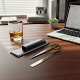 Gray Leather Library Set With Gold Hardware